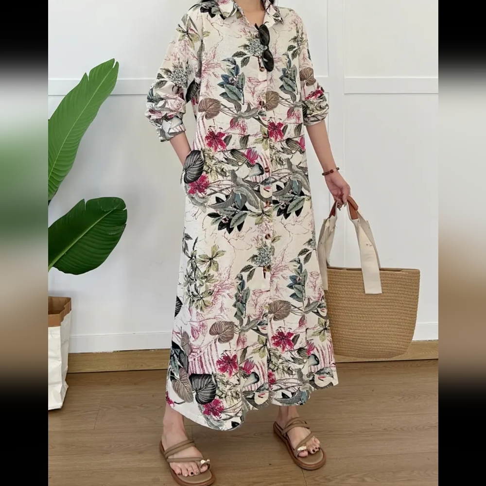 Floral Print Linen/Viscose Maxi Dress With Long Roll Up Sleeves - Picture 3 of 9